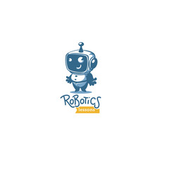 cute little retro style robot for your robotic lessons and educational program, vector logo template with lettering composition