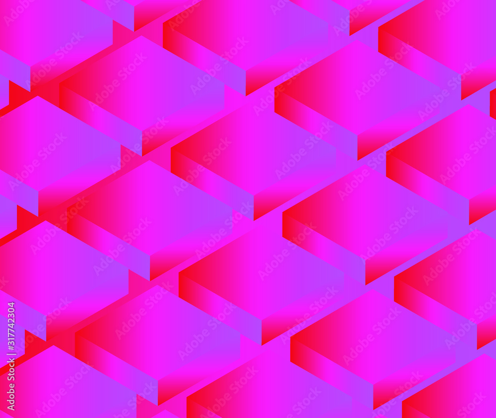 Poster Abstract retrofuturistic background with repetative pattern of neon rectangular 3d shapes in isometric projection. Vaporwave and synthwave 80's-90's aesthetics style illustration.