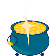 A traditional symbolic green pot filled with gold coins, a treasure for St. Patrick's Day. Irish culture, a symbol of great wealth, excessive luck and good luck. Vector illustration isolated.