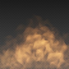 Orange fog or smoke cloud isolated on transparent background. Realistic smog, haze, mist or cloudiness effect. Realistic vector illustration. - obrazy, fototapety, plakaty