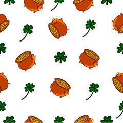 seamless pattern of three-leaf and four-leaf green clovers and pots of gold, for the print of fabrics, design and logos. On St. Patrick's Day.