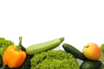 Bright fruits and vegetables, space for text