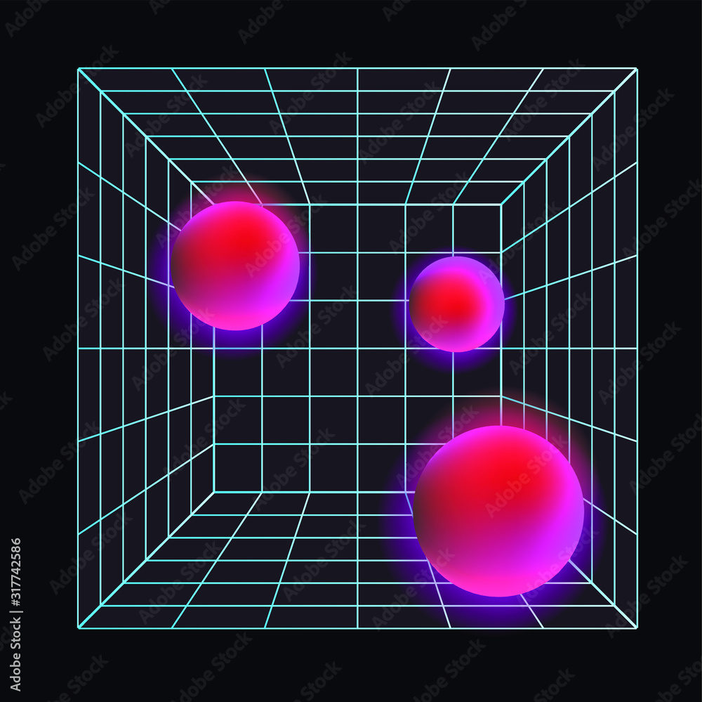 Poster laser grid with glowing neon spheres on dark background. vaporwave and synthwave style illustration.