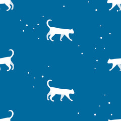 White cat walking, seamless vector pattern with blue background