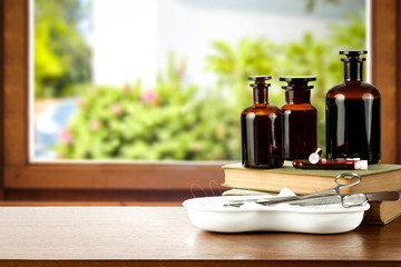 Medical background of wooden window sill and doctor equipment, Free space for your decoration or product.Natural medicine and spring landscape.