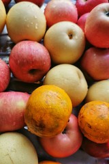Oranges on a pile of chinese pear and apples 