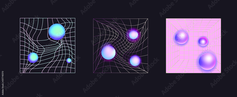 Poster Set of retrofuturistic elements for design: laser grid with glowing neon spheres. Vaporwave and synthwave style illustration.