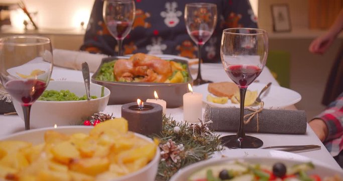 Christmas dinner turkey family parents children grandchildren grandfather smile reunion