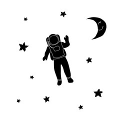 Cosmonaut astronaut, moon and stars. Black outline on white background. Picture can be used in greeting cards, posters, flyers, banners, logo, further design etc. Vector illustration. EPS10