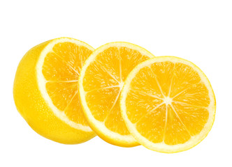 yellow fresh juicy half and slices of lemon fruit with for design isolated on the white background