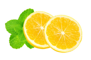 yellow fresh juicy slices of lemon fruit with mint herb for design isolated on the white background
