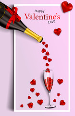 Happy Valentine's Day, modern vertical banner or card for your design with hearts, realistic bottle with a red bow and a glass filled with hearts on a pink background with a frame, vector illustration