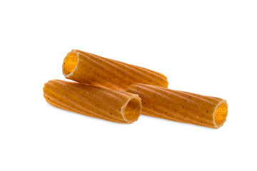 Tortiglioni grooved helical tube pasta isolated on white