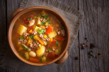 Delicious hamburger soup with meat and vegetables