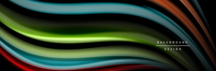 Silk and smooth flow wave poster design. Color waves, liquid style lines and shapes in black color background