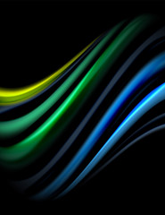 Silk smooth lines on black, liquid fluid color waves. Vector Illustration