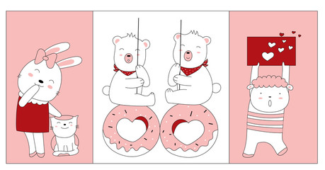 Valentines day with Hand drawn style. Cartoon sketch the cute posture baby animals