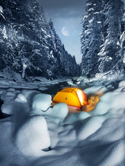 Tourist journey in a snowy canyon.