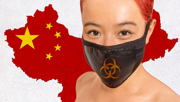 Coronavirus Corona Virus causes viral pneumonia outbreak like SARS virus as a deadly pandemic crisis. 2020 Acute global alert biohazard China Map and Flag Masked chinese woman face