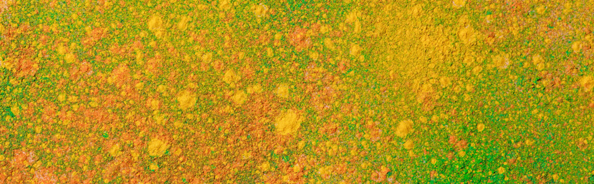 Orange, Yellow And Green Colorful Holi Paint Explosion, Panoramic Shot