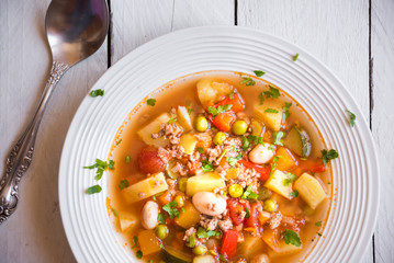 Delicious hamburger soup with meat and vegetables