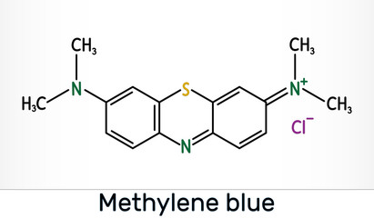 Methylene blue, methylthioninium chloride, C16H18ClN3S molecule. It is used to treat to treat methemoglobinemia. Skeletal chemical formula