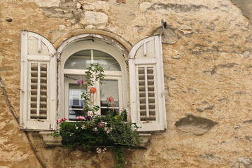 alte Fassade mit weißem Fenster und Blumen