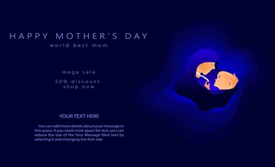 Mother's day greeting banner, abstract cut shape on blue backdrop. Woman & baby silhouettes. blue design element for holiday banner, poster. Paper cut style, vector illustration template.