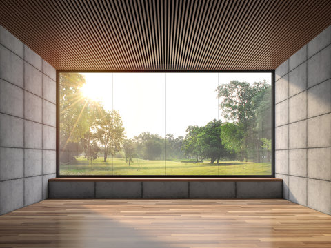 Fototapeta Modern contemporary loft empty room with nature view 3d render.There are wood floor polished concrete wall and wooden ceiling.There are big windows look out to see garden view.