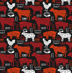 Meat cuts. Diagrams for butcher shop. Animal silhouette. Vector illustration on black. Seamless pattern.