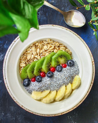 healthy food smoothie bowl, oatmeal, chia seeds and berries (breakfast dish or healthy snack) menu concept. background. top view. copy space