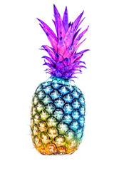 Creative photo of whole pineapple fruit with an unusual gradient from natural yellow color to blue and pink color isolated on a white background.