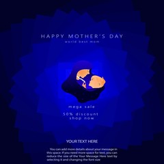 Template design discount banner for happy mother's day. Mothers day sale background layout with beautiful Woman & baby silhouettes, congratulation text. blue template