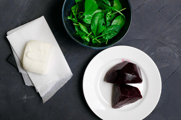 beetroot salad with nut,onion,beetroot leaves and cream cheese