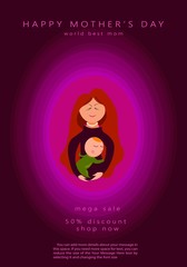 Mother silhouette with her baby. Card of Happy Mothers Day. Vector illustration with beautiful woman and child.Pink design element for holiday banner, poster. Paper cut style, vector illustration sale