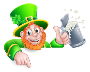 A Leprechaun St Patricks Day cartoon character holding a drink peeking over a sign and pointing at it.