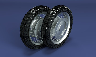 Front and side view of racing, road and off-road, motorcycle tires. 3d llustration, 3D render