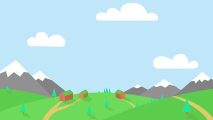 Vector bright nature landscape with mountains, green meadow and small village with few wooden houses and lanes