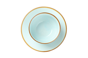 Blue clean plate and bowl isolated on white background. Kitchen, serving