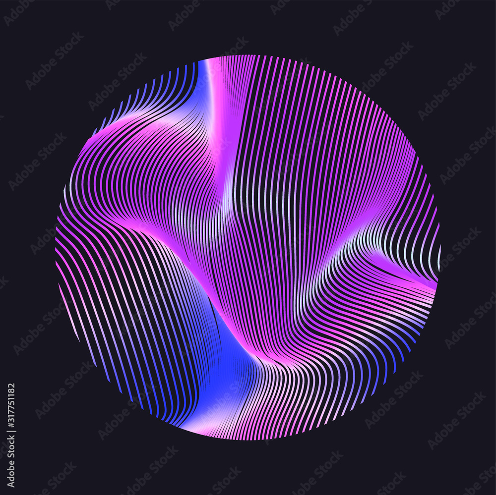 Wall mural Illuminated holographic circle with glitched texture, wavy lines. Retrofuturistic illustration in 80s-90s Vaporwave, synthwave, retrowave style.