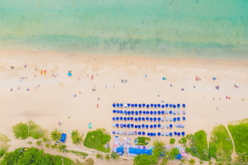 Aerial flying drone view of Kot Noi Beach white sandy beach on sunny tropical paradise island with aqua blue sky sea water ocean. Phuket © netsay