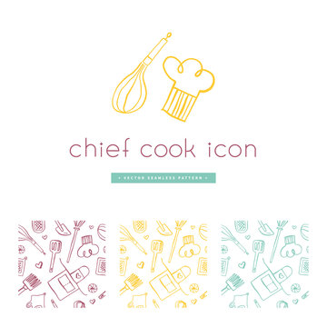 Kitchen utensils pattern. Bakery background drawing. Vector templates for bakehouse packaging in trendy line style. Bread house banner with seamless pattern. Cookery school. Cooking class backdrop.
