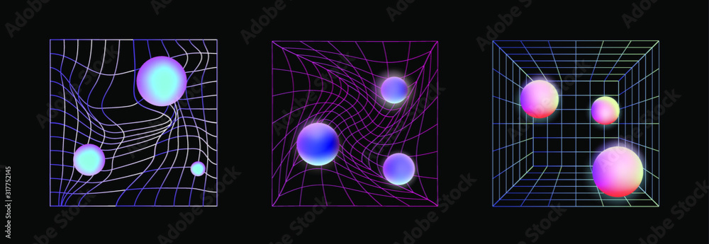 Poster laser grid with glowing neon spheres on dark background. vaporwave and synthwave style illustration.