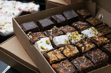 selection of handmade chocolate brownies in a box