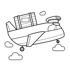 Vector Kids coloring page_Cartoon character airplane cap cargo delivery with box