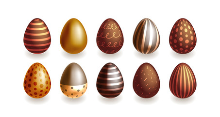 Vector realistic set of beautiful chocolate Easter eggs. Candy in the form of Easter eggs with various decorations.  U