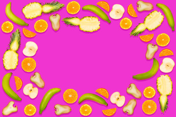 Fototapeta na wymiar Mixed fruits on pink background ,Rose apple, orange, apple, banana, pineapple on pink background