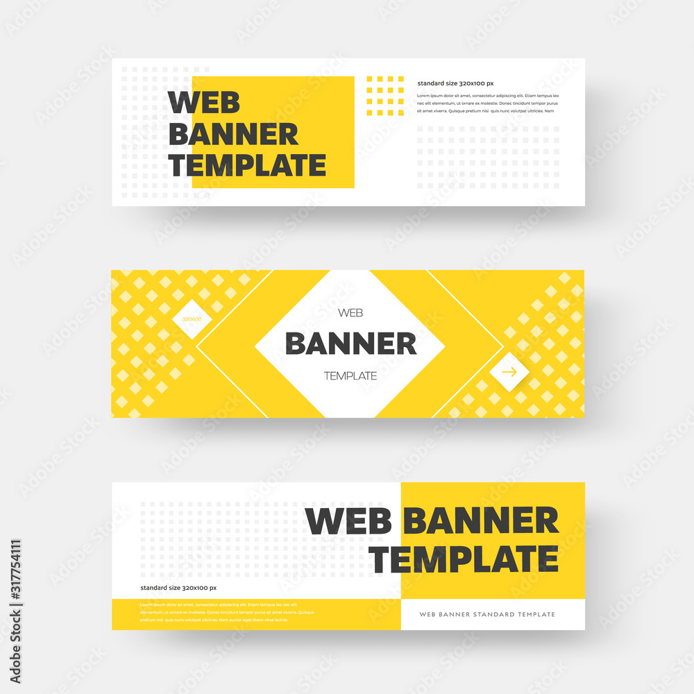 Poster Rectangular horizontal web banner design with rhombus, square and arrow buttons.