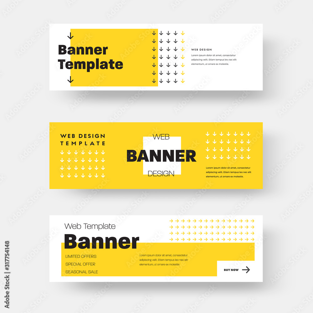Poster Vector rectangular horizontal web banner with yellow and white abstract pattern, squares and arrows.