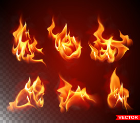 Realistic burning fire flames with shiny bright elements. Isolated on black background. Power, fuel and energy symbol. Layered vector big icon set.